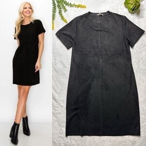 Joh Audrey Faux Suede Short Sleeve Shift Dress in Black Womens Small